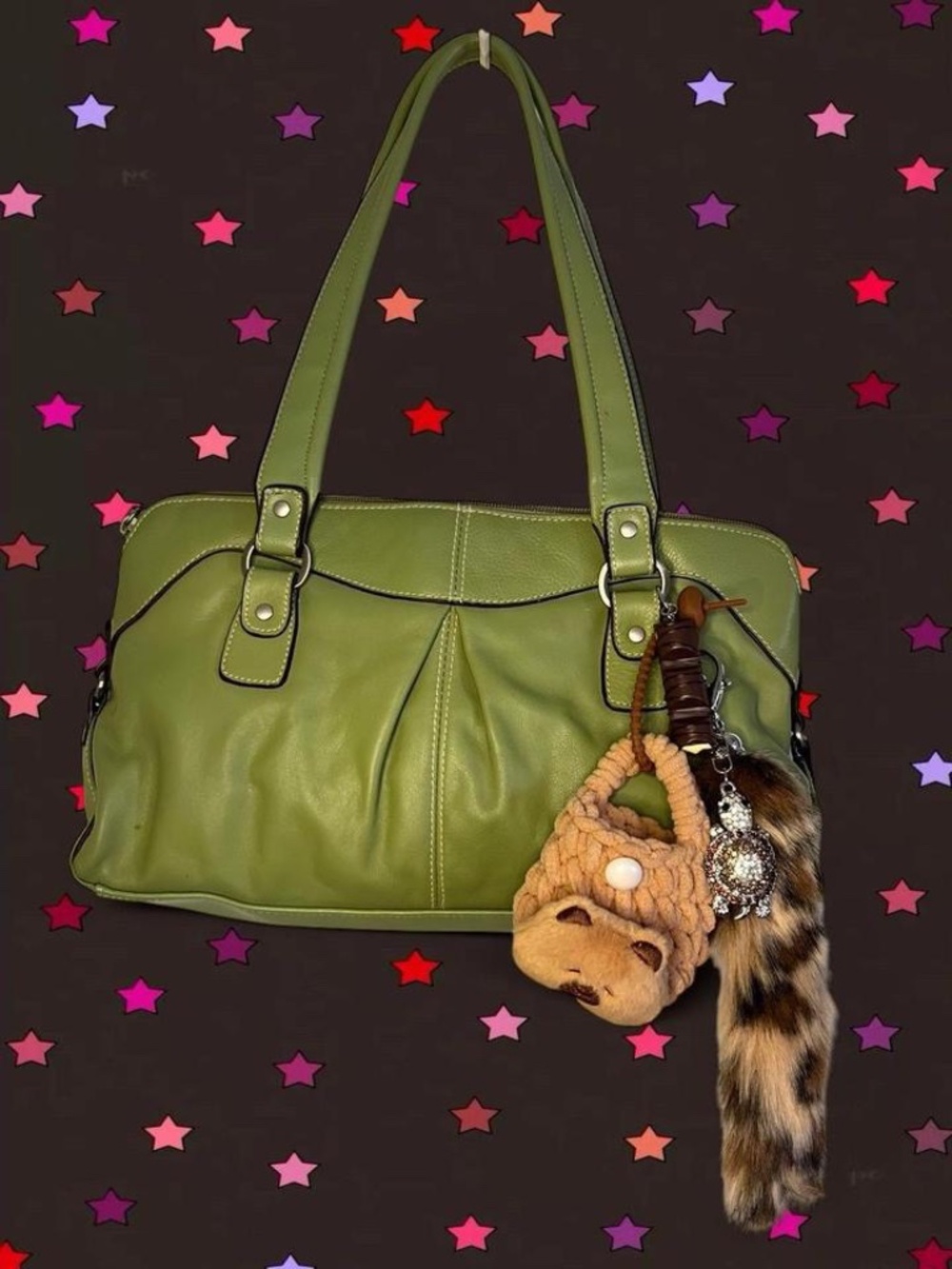 Y2K Style Worthington Green Leather Handbag with Cute Keychains